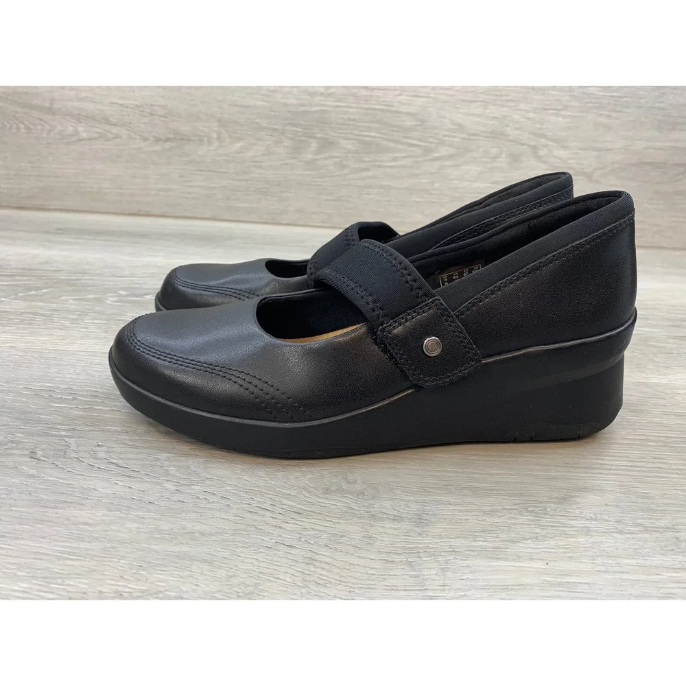Clarks Women's Black Leather Mary Jane Wedge Shoes Ultimate Comfort 6.5